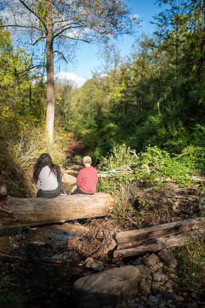 Twee mensen rusten op een boomstam over een schilderachtige bosbeek. — Stockfoto