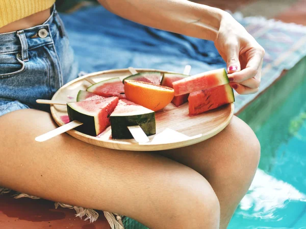 Caucasian Woman Eating Watermelon Summertime — Stock Photo, Image