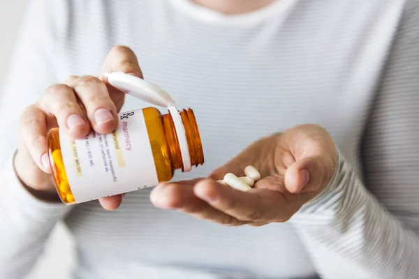Sick Woman Taking Pills Bottle — Stock Photo, Image