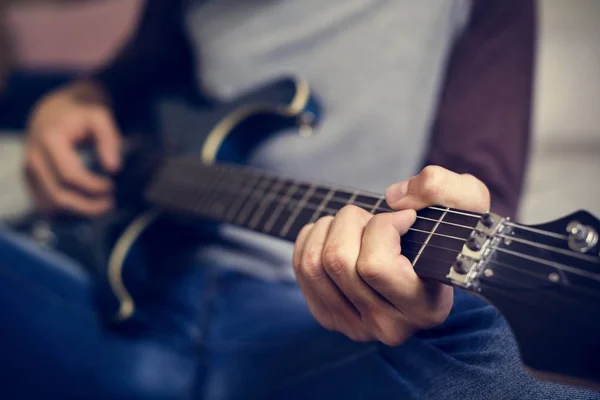 Teenage Boy Playing Electric Guitar Bedroom Hobby Music Concept — Stock Photo, Image