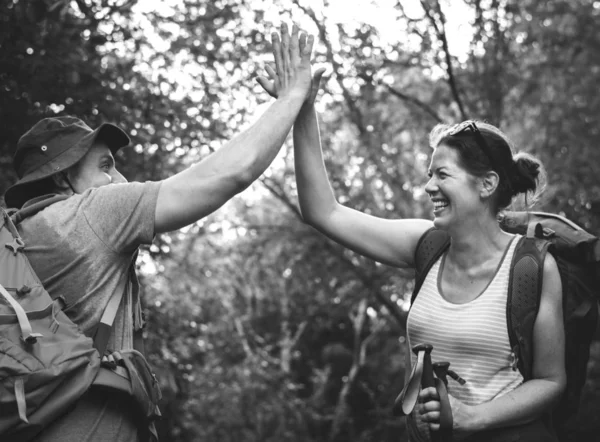 Smiling Couple Giving High Five Black White — Stock Photo, Image