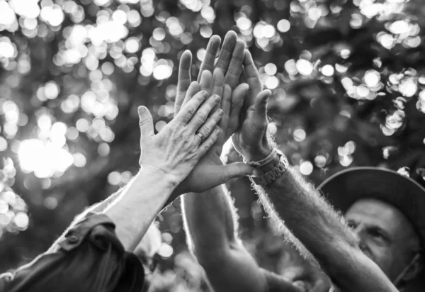 sportive people giving high five in park, black and white