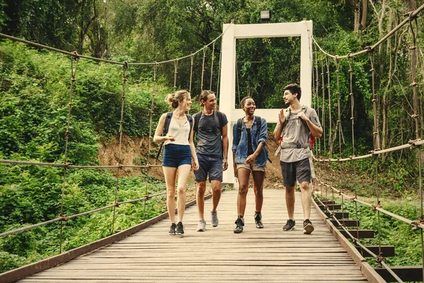 Amigos Caminhando Uma Ponte Através Floresta — Fotografia de Stock