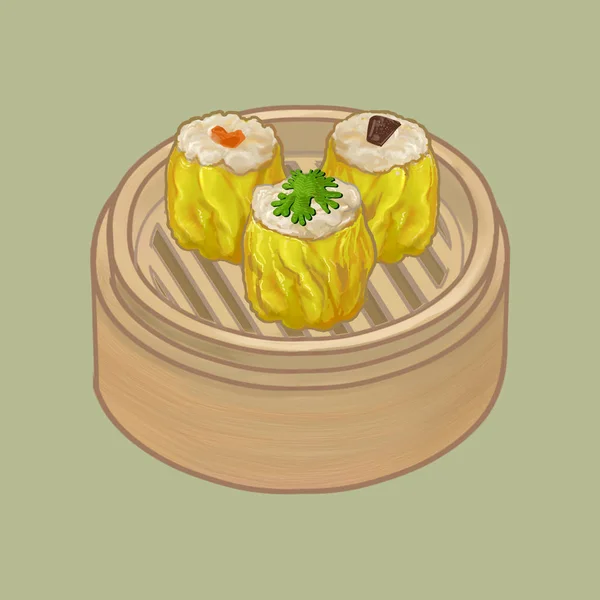 Kinesiska Dumplings Bambu Ångbåt Illustration — Stockfoto