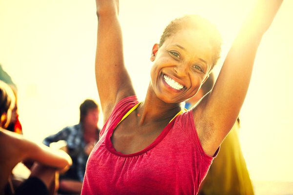 Beautiful smiling woman at a beach party