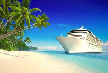 3D cruise liner palmiye ağaçları ile tropik sahilde 