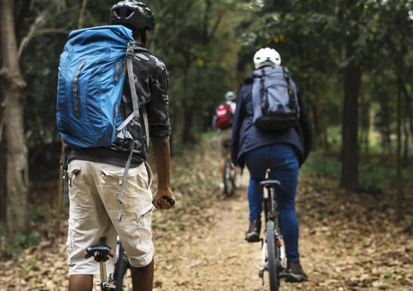 Grupo Amigos Andar Bicicleta Montanha Floresta Juntos — Fotografia de Stock