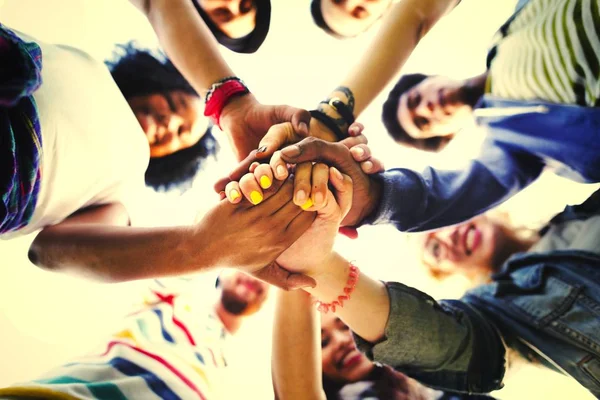 Diverse Friends Stacking Hands Unity — Stock Photo, Image