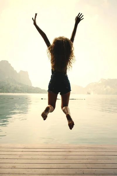 Happy Woman Jumping Joy — Stock Photo, Image