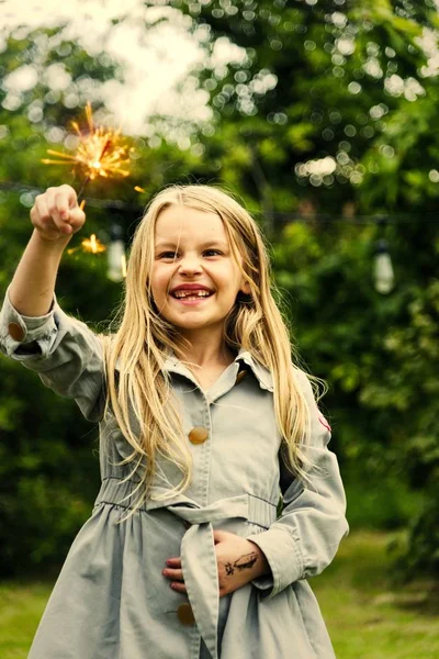 Szczęśliwa Dziewczyna Zimne Ognie — Zdjęcie stockowe