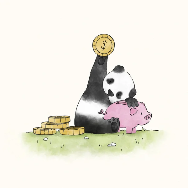 Panda Spart Geld Sparschwein — Stockfoto