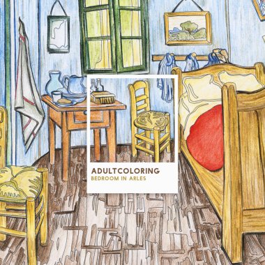 Bedroom in Arles (1888) by Vincent van Gogh adult coloring page clipart