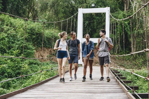 Amigos Caminhando Uma Ponte Natureza — Fotografia de Stock