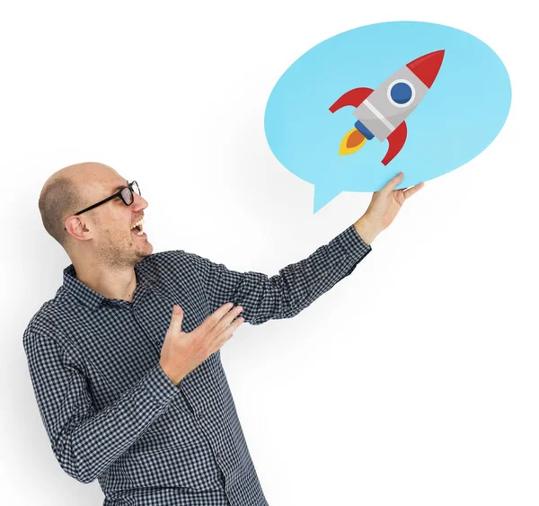 Lycklig Man Hålla Raket Symbol — Stockfoto