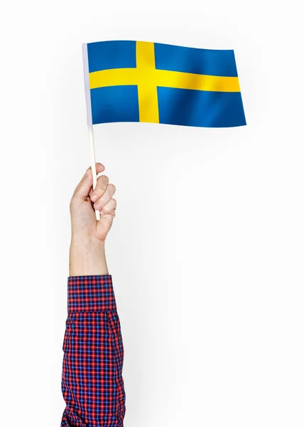 Persona Que Ondea Bandera Del Reino Suecia —  Fotos de Stock