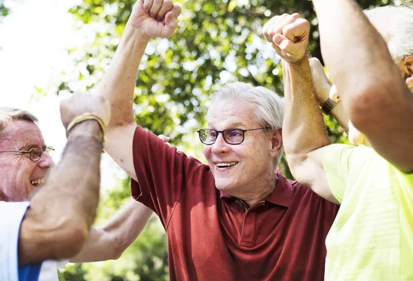 Cheerful Sportive Senior Men Park Celebrating Gesturing Hands — Stock Photo, Image