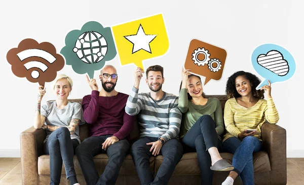 Cheerful People Holding Social Media Icons — Stock Photo, Image