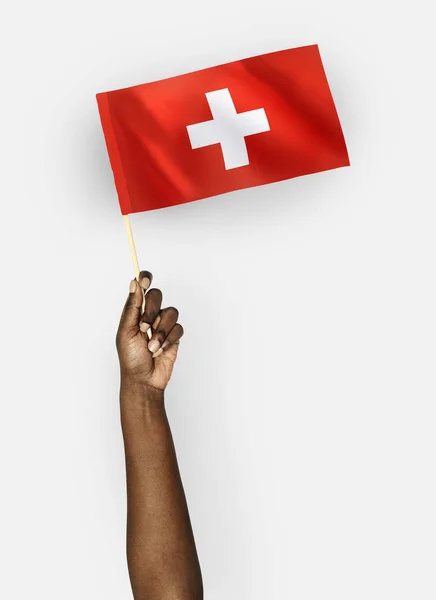 Pessoa Acenando Com Bandeira Suíça — Fotografia de Stock