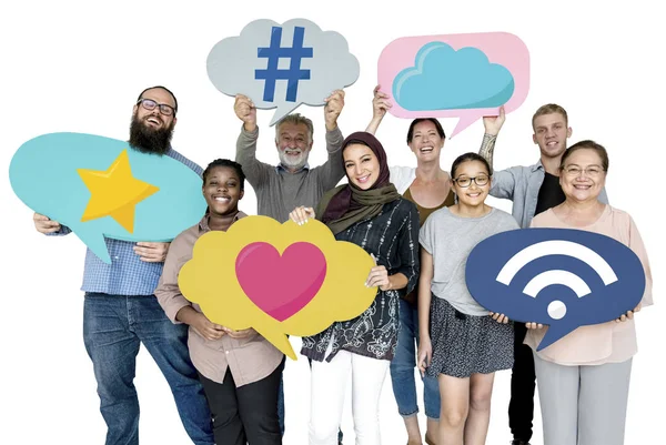 Groep Van Diverse Mensen Team Houden Van Social Media Iconen — Stockfoto