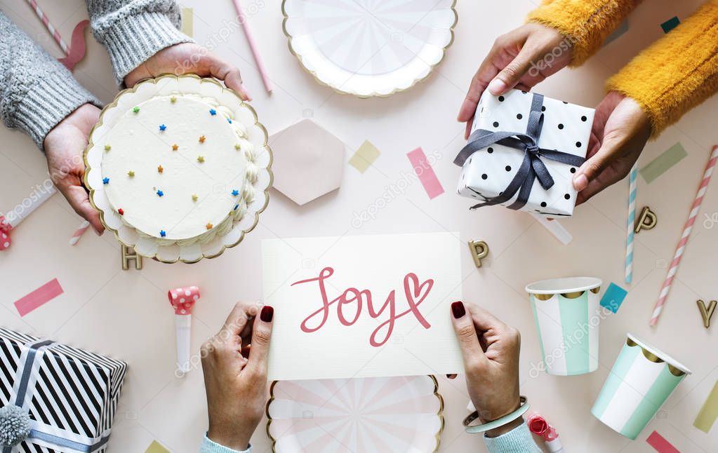 Text Joy in a Birthday party themed background