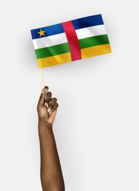 Orta Afrika Cumhuriyeti bayrağı sallayarak kişi