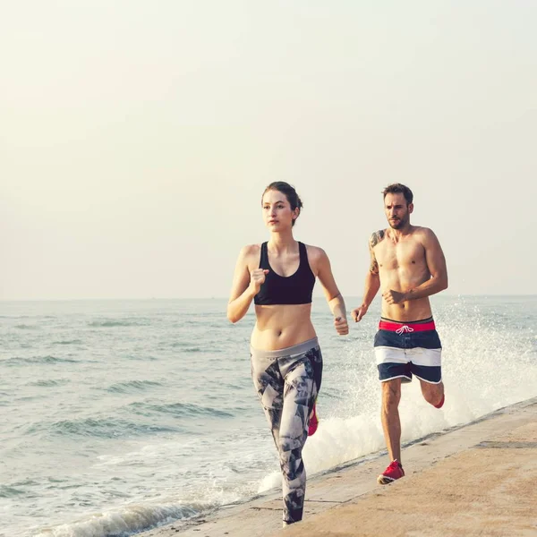 Couple Jogging Beach — Stock Photo, Image