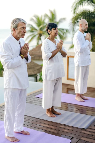 Grupp Seniorer Som Utövar Yoga Vid Poolen — Stockfoto