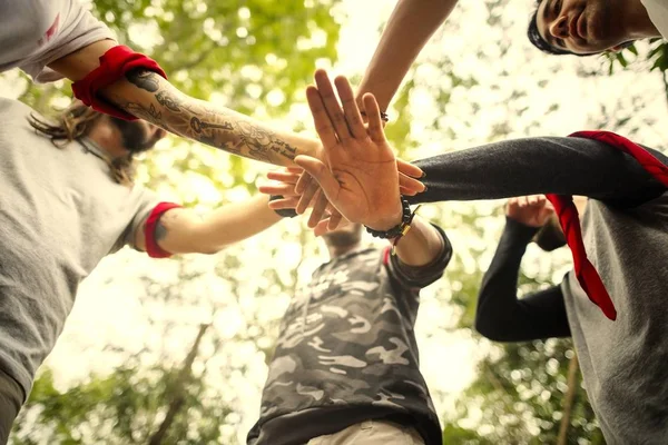 Group Hikers Stacking Hands — Stock Photo, Image