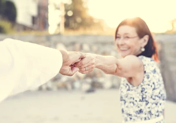 Senior Couple Enjoying Loving Each Other Woman Holding Male Hand — Stock Photo, Image