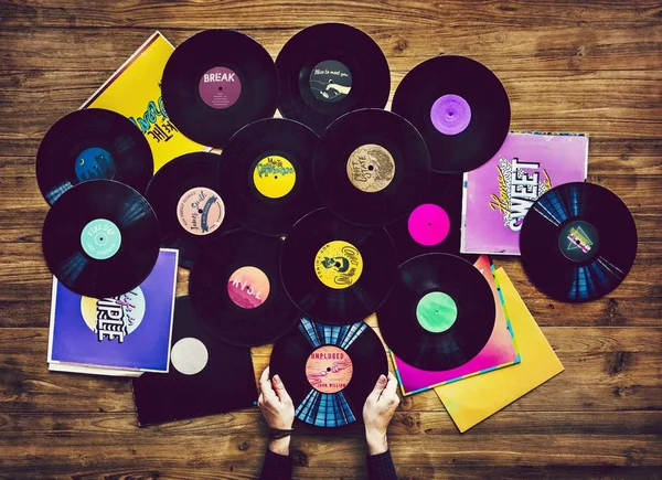 Amantes Música Con Colección Discos Vinilo — Foto de Stock