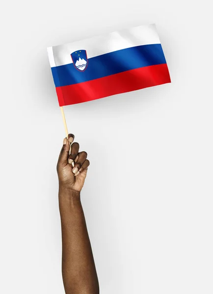 Πρόσωπο Που Κυματίζει Σημαία Της Δημοκρατίας Της Σλοβενίας — Φωτογραφία Αρχείου
