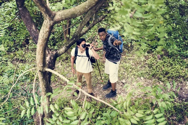 Männer Beim Trekking Wald — Stockfoto