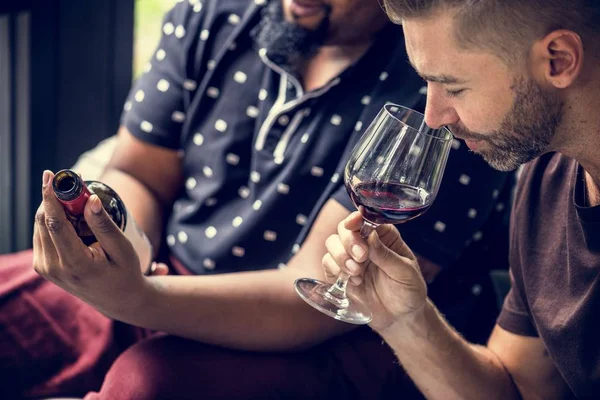 Man Tasting Red Wine Friends — Stock Photo, Image