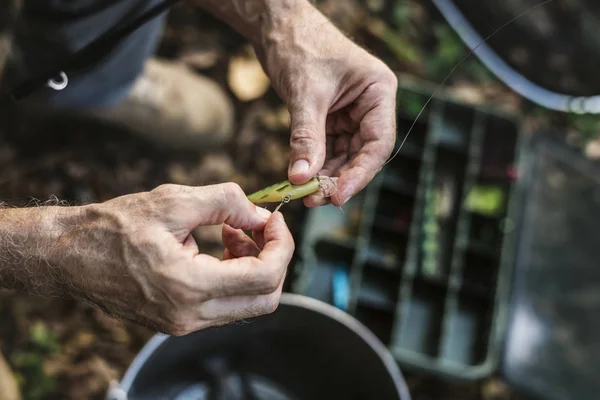 Close Fisherman Putting Bait — Stock Photo, Image