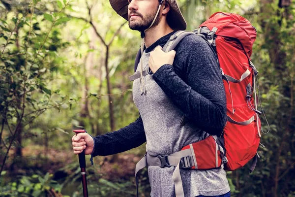 Homem Trekking Uma Floresta — Fotografia de Stock