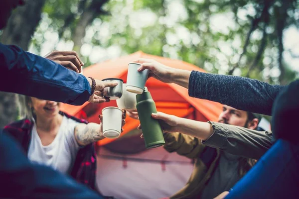 Amigos Acampar Floresta — Fotografia de Stock