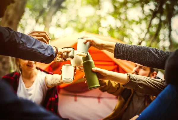 Amis Camper Dans Forêt — Photo