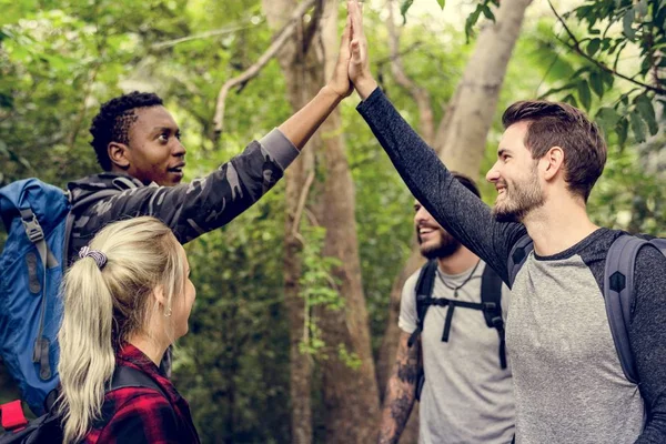 Friends Giving High Five Forest — Stock Photo, Image
