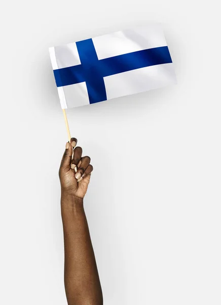 Person Schwenkt Die Flagge Der Republik Finnland — Stockfoto