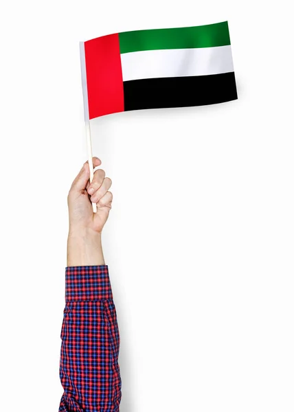 Ruka Ukazující Vlajka Spojených Arabských Emirátů — Stock fotografie