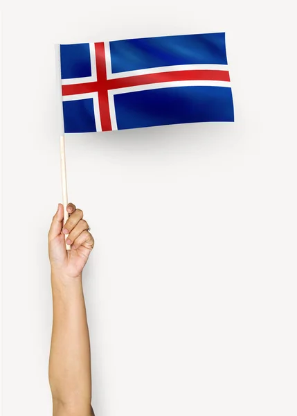 Πρόσωπο Που Ανεμίζουν Σημαία Της Ισλανδίας — Φωτογραφία Αρχείου