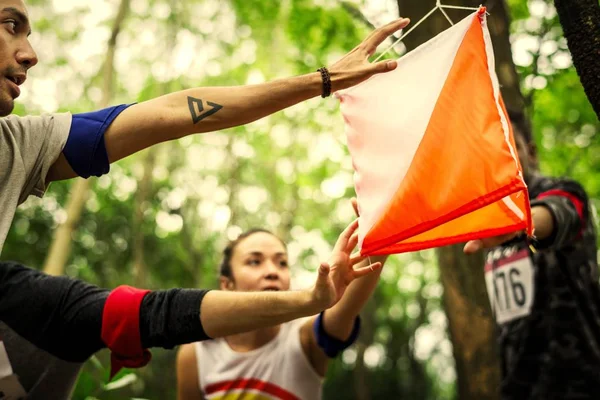 People Racing Orienteering Check Point — Stock Photo, Image