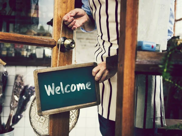 Welcome Sign Hanging Glass Door — Stock Photo, Image