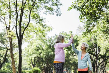 Çak bir beşlik veren Park iki üst düzey kadın arkadaş 