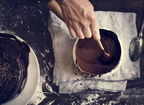 Σκούρο Σάλτσα Σοκολάτας Τροφίμων Ιδέα Συνταγή Φωτογραφία — Φωτογραφία Αρχείου
