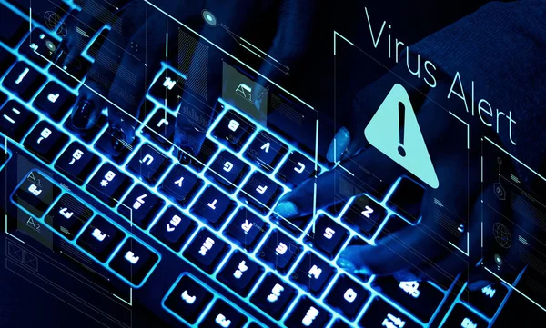 Close Hacker Fingers Typing Neon Keyboard Virus Alert — Stok Foto