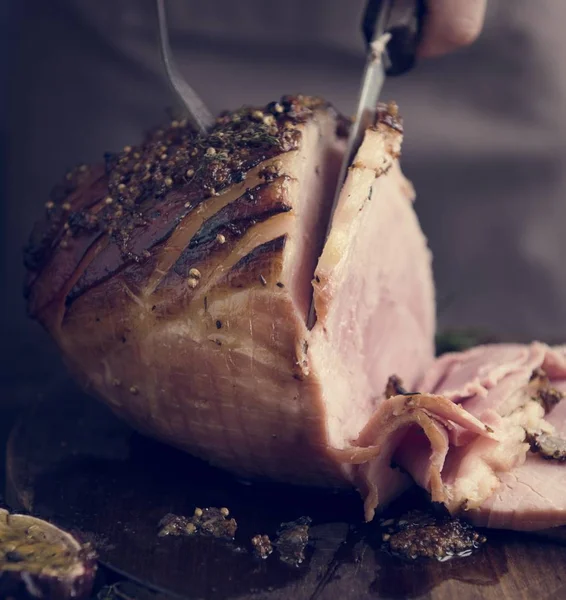 Slicing Baked Ham Food Photography Recipe Idea — Stock Photo, Image