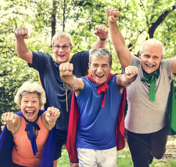 Powerful Aged People Wearing Superhero Costumes Coats Green Summer Park — Stock Photo, Image