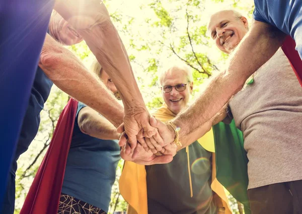 Senior People Wearing Superhero Costumes Green Summer Park Holding Hands — Stock Photo, Image