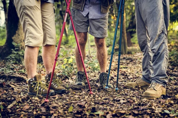 Groep Mensen Benen Wandeltochten Het Bos Bijgesneden Afbeelding — Stockfoto